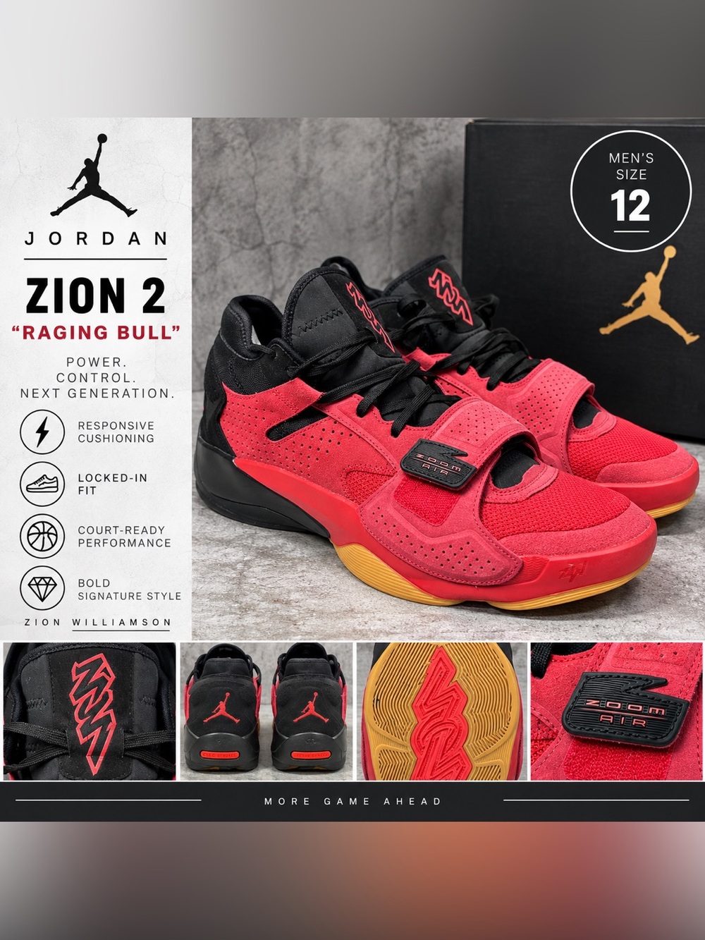 Jordan Zion 2 “Raging Bull” Basketball Shoes Men’s Size 12 Red Black Zoom Air